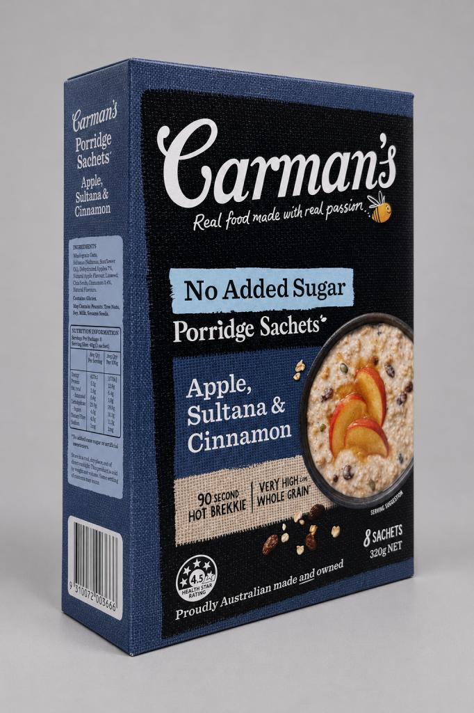 Carman`s Gourmet Porridge Sachets Apple~Sultana & Cinnamon Cereals & Spreads