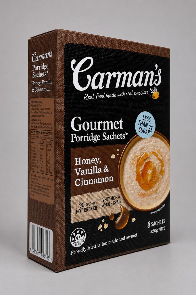 Carman`s Gourmet Porridge Sachets Honey~Vanilla & Cinnamon Cereals & Spreads